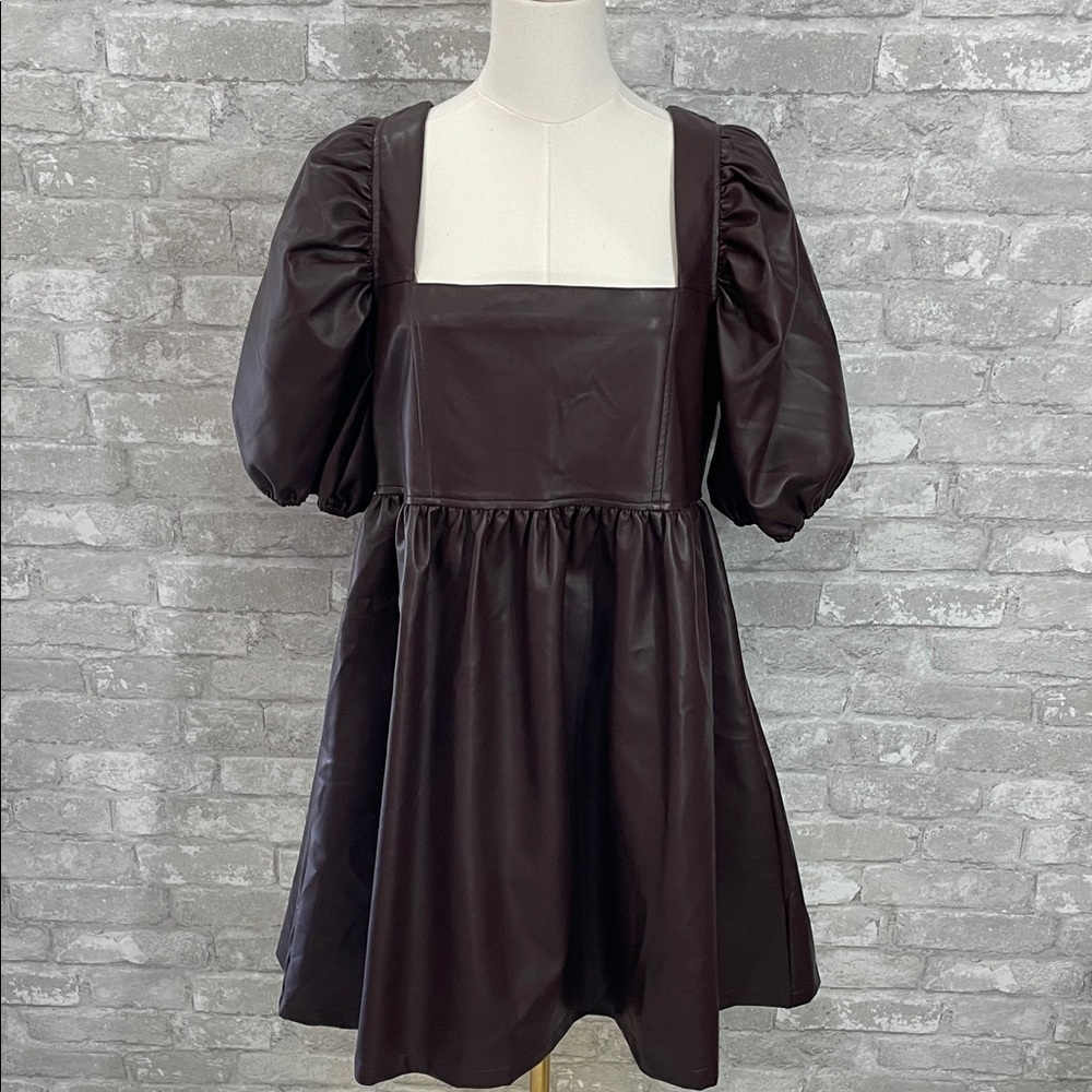 Mittoshop Chocolate Faux Leather Puff Sleeve Mini Dress